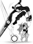  1girl absurdres belt_pouch black_leg_warmers commentary crop_top dynamic_pose flipped_bangs folded_ponytail gachiakuta handstand highres holding holding_scissors jacket leg_warmers loose_thighhigh midriff monochrome norasss111 pouch riyo_reaper scissors simple_background solo untranslatable_commentary 