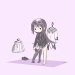  akemi_homura ankaris argyle argyle_legwear black_hair clothes_hanger dressing hairband long_hair magical_girl mahou_shoujo_madoka_magica pantyhose purple_background simple_background skirt solo soul_gem 