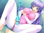  blush breast_grab game_cg leotard marushin_(denwa0214) masturbation purple_eyes purple_hair shinjou_yukari spocon! 