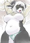  big_breasts breasts caprine chubby clothing female goat hair horn kikurage looking_at_viewer mammal navel nipples open_mouth panties pose presenting raised_arm solo standing sweater thighs tongue topless underwear white_hair yellow_eyes 