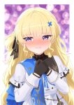  1girl black_gloves black_ribbon blonde_hair blue_eyes blue_gem blue_sash blush border buttons closed_mouth commentary_request gem gloves hair_ornament hair_ribbon hands_up highres looking_to_the_side missing_headwear oozeki_(v-necker) own_hands_together phoebe_(wuthering_waves) powerpuff_girls_z ribbon sash shirt smile solo striped_ribbon white_border white_shirt wuthering_waves x_hair_ornament 