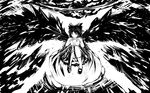  463_jun absurdres bad_id bad_pixiv_id full_body greyscale highres long_image mary_janes monochrome reiuji_utsuho shoes short_hair solo tears touhou water wide_image wings 