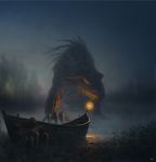  boat clothing cyrilbarreaux feral forest human male mammal marsh monster night oil_lamp reed reptile scalie scenery tree water wood 