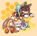  1girl 2boys animal_ears antennae bee blue_eyes brown_eyes bug charmy_bee cheese_(sonic) clenched_hands cream_the_rabbit dress eyelashes flying furry furry_female gloves goggles half-closed_eyes headphones hexagon honeycomb_(pattern) honeycomb_background insect_wings mask merry_bongbong multiple_boys multiple_girls o3o orange_dress orange_skirt pout rabbit_ears rabbit_girl shoes skirt sleeveless sleeveless_dress sonic_(series) tail white_gloves wings yellow_eyes 