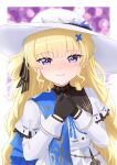  1girl black_gloves black_ribbon blonde_hair blue_eyes blue_gem blue_sash blush border buttons closed_mouth commentary_request gem gloves hair_ornament hair_ribbon hands_up hat highres looking_at_viewer oozeki_(v-necker) own_hands_together phoebe_(wuthering_waves) powerpuff_girls_z ribbon sash shirt smile solo striped_ribbon sun_hat white_border white_hat white_shirt wuthering_waves x_hair_ornament 
