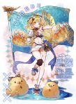  1girl alternate_hairstyle asymmetrical_legwear blonde_hair blue_ribbon character_name cheerleader commentary_request covered_navel flag full_body grin hair_ribbon high_ponytail highres leotard looking_at_viewer lt26 mismatched_legwear outstretched_arm phoebe_(wuthering_waves) pom_pom_(cheerleading) ponytail puffy_short_sleeves puffy_sleeves purple_eyes ribbon short_sleeves smile solo standing standing_on_one_leg striped_ribbon teeth water watermark white_leotard wuthering_waves 