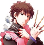  apron between_fingers brown_eyes brown_hair chopsticks fate/zero fate_(series) gucce222 kotomine_kirei ladle male_focus sensha_otoko solo 