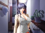  blue_eyes blue_hair breasts cleavage collar door erect_nipples hand_on_hips hat huge_breasts long_hair looking_at_viewer plant plants sano_toshihide shadow solo standing umbrella 