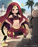  anger_vein armor bad_id bad_pixiv_id bare_shoulders black_eyes black_hair blush braid brick_wall collarbone engrish genie gina_(shingeki_no_bahamut) hands_on_hips helmet indian_style lena_(zoal) long_hair navel oil_lamp ranguage scolding shingeki_no_bahamut sitting twin_braids very_long_hair watermark 