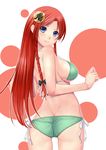  ass bad_id bad_pixiv_id bikini blue_eyes blush bow braid breasts butt_crack chiro hair_bow hair_ornament hong_meiling large_breasts long_hair looking_at_viewer looking_back red_hair side-tie_bikini smile solo star swimsuit touhou twin_braids 