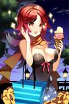  arm_up bag bangs bare_shoulders bow breasts cleavage double_scoop food frilled_skirt frills grin holding ice_cream ice_cream_cone lamppost large_breasts long_hair lowres night odeu open_mouth orange_eyes outdoors parted_bangs red_hair ribbon scarf shopping_bag skirt smile solo sparkle star strapless sword_girls tree 