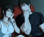  1boy 1girl black_hair bracelet commentary_request earrings fushiguro_toji head_rest indoors jewelry jujutsu_kaisen juneseo looking_ahead looking_at_another medium_hair megumi's_mother_(jujutsu_kaisen) necklace scar scar_on_face short_hair signature sitting smile tank_top watch white_tank_top wristwatch 