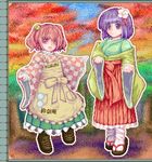  apron bell boots checkered clothes_writing flower hair_bell hair_ornament hieda_no_akyuu japanese_clothes kisasage_kouta motoori_kosuzu multiple_girls open_mouth pixel_art purple_eyes purple_hair red_eyes red_hair sandals smile socks touhou twintails wide_sleeves 