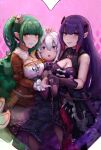  3girls absurdres asymmetrical_pants black_robe blue_pupils blunt_bangs breasts cleavage cleavage_cutout closed_mouth clothing_cutout collared_robe colored_eyelashes commission corosu echidna_(re:zero) elf english_commentary eyeshadow flower frilled_pants frills gradient_hair green_hair grey_eyes hair_between_eyes hair_ornament heart heart_hands highres jewelry knife_sheath large_breasts long_hair long_sleeves looking_at_viewer lyra_(re:zero) makeup multicolored_hair multiple_girls necklace official_alternate_costume open_mouth orange_eyes orange_flower orange_rose pants pleated_skirt pointy_ears ponytail purple_eyeshadow purple_hair purple_pupils re:zero_kara_hajimeru_isekai_seikatsu robe rose sheath shion_(re:zero) shirt side_ponytail sidelocks skirt smile standing white_eyelashes white_hair 
