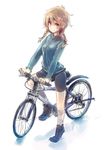  amane_suzuha bicycle bike_shorts blush braid brown_eyes brown_hair ground_vehicle holding jacket looking_at_viewer sitting sketch smile solo steins;gate track_jacket twin_braids ukyo_rst 