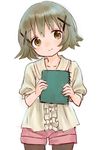  ama-tou brown_eyes brown_hair casual hair_ornament hairpin head_tilt hidamari_sketch highres notebook pantyhose short_hair shorts simple_background smile solo white_background x_hair_ornament yuno 