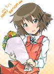  1girl blush brown_eyes brown_hair do_(taka) dress_shirt english flower hair_ornament hairclip happy_birthday hidamari_sketch open_mouth shirt short_hair skirt smile solo yuno 