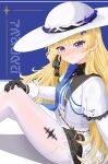  1girl black_gloves black_ribbon blonde_hair blue_eyes blue_gem blue_sash blush closed_mouth commentary_request gem gloves hair_ornament hair_ribbon hand_on_own_knee hat highres looking_at_viewer oozeki_(v-necker) pantyhose phoebe_(wuthering_waves) ribbon sash shadow shirt sitting smile solo striped_ribbon sun_hat tacet_mark_(wuthering_waves) white_hat white_pantyhose white_shirt wuthering_waves x_hair_ornament 