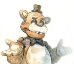  1boy animatronic black_bow black_bowtie black_hat blue_eyes bow bowtie commentary_request conabemin five_nights_at_freddy's freddy_fazbear half-closed_eyes hands_up hat highres looking_to_the_side male_focus non-humanoid_robot robot shrugging simple_background solo top_hat upper_body watermark white_background 