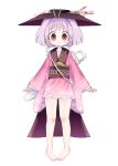  1girl alternate_hairstyle antenna_hair barefoot black_hat bowl bowl_hat cape commentary_request floral_print flower full_body gradient_clothes gradient_kimono hat highres japanese_clothes kimono kiwi_(x_x915) knees_apart_feet_together long_sleeves low_twintails pink_flower purple_hair red_eyes red_kimono sash short_hair solo standing sukuna_shinmyoumaru touhou twintails 
