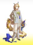  1girl absurdres alternate_costume arknights black_shoes blonde_hair blue_hair bouquet dragon_girl dragon_horns dragon_tail flower gradient_background gradient_hair green_shirt grey_eyes grey_hair grey_jacket grey_pants highres holding holding_bouquet horns jacket looking_at_viewer multicolored_hair open_mouth orange_flower pant_suit pants shirt shoes shu_(arknights) solo striped_clothes striped_jacket striped_pants suit szztzzs tail vertical-striped_clothes vertical-striped_jacket vertical-striped_pants white_background white_flower yellow_background 