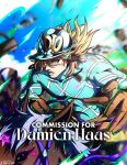  1boy absurdres aqua_eyes aqua_helmet aqua_sweater argyle_clothes argyle_sweater artist_name blonde_hair blurry blurry_background bow brown_gloves commission diego_brando english_commentary english_text gloves hat hat_bow helmet highres holding holding_reins horse horseback_riding jojo_no_kimyou_na_bouken long_sleeves male_focus noonvincent outdoors reins riding silver_bullet_(jojo) solo star_(symbol) steel_ball_run sweater turtleneck turtleneck_sweater 