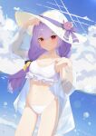  1girl absurdres atsuko_(blue_archive) atsuko_(swimsuit)_(blue_archive) bare_shoulders bikini blue_archive breasts cleavage closed_mouth cloud cloudy_sky collarbone commentary_request day frilled_bikini frills haike hair_between_eyes halo hat highres long_hair looking_at_viewer low_ponytail medium_breasts navel official_alternate_costume outdoors ponytail purple_eyes purple_hair sidelocks sky solo stomach sun_hat swimsuit white_bikini white_halo white_hat 