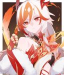  1girl border breasts chinese_clothes chinese_commentary commentary_request fire fu_hua fu_hua_(fenghuang_of_vicissitude) gauntlets highres honkai_(series) honkai_impact_3rd long_hair manfu_w multicolored_hair parted_lips red_eyes red_hair small_breasts solo two-tone_hair very_long_hair white_border white_hair 