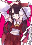 1girl ascot brown_hair closed_mouth collar collarbone commentary detached_sleeves gohei hair_ribbon hakurei_reimu holding holding_gohei long_hair long_ribbon long_sleeves looking_to_the_side midriff_sarashi nontraditional_miko red_eyes red_skirt red_vest ribbon sarashi see-through_clothes see-through_midriff simple_background single_sleeve_past_fingers skirt solo standing touhou tsuru_(nekopanchi) untranslatable_commentary vest wide_sleeves yellow_ascot 