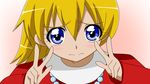  70s blonde_hair blue_eyes blush chargeman_ken! corpse_(artist) cure_peace_pose double_v dress gradient gradient_background izumi_caron jewelry knack looking_at_viewer necklace oldschool parody pink_background pixiv86384921 precure simple_background smile_precure! solo v 