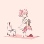  ankaris bow chair dress dressing gloves hair_bow kaname_madoka magical_girl mahou_shoujo_madoka_magica pink_background pink_hair short_twintails simple_background solo twintails 