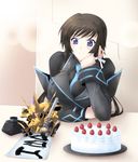  1girl big_breasts birthday blush braid brown_hair brush cake chibi female food fruit haganef hair_ornament ink long_hair looking mecha muv-luv muvluv muvluv_alternative muvluv_alternative_total_eclipse muvluv_total_eclipse necktie purple_eyes ribbon smile strawberry takamura_yui total_eclipse type-00f_takemizakuchi uniform white_ribbon writing 