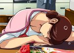  apron breasts brown_hair bubble bubbles cirima cleavage eyes_closed female flower hair_bun hands hikaru_no_go housewife milf mother mother&#039;s_day mother's_day red_rose rose shindou_mitsuko shueisha sleeping tired volvox wife 