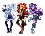  3girls alternate_costume aqua_eyes aqua_hair aqua_shoes bag beanie black_hat black_shorts black_skirt blonde_hair blue_hair blue_skin boots colored_skin commentary cropped_jacket cutie_mark cutie_mark_print denim flame_print hair_ornament handbag hat high_heel_boots high_heels high_ponytail highres holding holding_skateboard holding_unworn_clothes holding_unworn_hat jacket jeans libbly_libby long_hair looking_at_viewer midriff multicolored_hair multiple_girls my_little_pony my_little_pony:_equestria_girls my_little_pony:_friendship_is_magic open_clothes open_jacket orange_skin pants ponytail purple_eyes purple_hair purple_skin red_hair shoes shorts simple_background skateboard skirt smile sneakers star_(symbol) star_hair_ornament starlight_glimmer starlight_glimmer_(equestria_girls) streaked_hair sunset_shimmer sunset_shimmer_(human) thigh_boots thigh_strap top_hat trixie_lulamoon trixie_lulamoon_(equestria_girls) two-tone_hair unworn_hat unworn_headwear very_long_hair wallet_chain white_background white_hair 