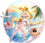  1girl ;d arm_support bare_legs bare_shoulders barefoot beach bikini bird black_cat black_choker blonde_hair braid breasts cat chibi choker cleavage collarbone commentary_request copyright_logo copyright_name double-parted_bangs elf feet flower food food_request fruit full_body green_bikini green_eyes grin hair_between_eyes hair_flower hair_ornament hat high_ponytail highres innertube large_breasts leafa_(sao) logo long_hair mahjong_soul multicolored_sky navel ocean official_alternate_costume official_art on_hammock one_eye_closed open_mouth orange_sky palm_tree pointy_ears ponytail promotional_art sarong seagull sitting sky smile solo sos stomach sun sun_hat sunflower sunset swim_ring swimsuit sword_art_online thigh_strap translation_request tree twin_braids very_long_hair voice_actor_name wading watermelon watermelon_slice white_sarong yellow_sky 