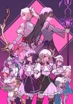  6+girls absurdres akemi_homura araga_kiwi black_headband blonde_hair blue_eyes blue_skirt boots bow bowtie brown_hair closed_eyes crossed_arms dress elbow_gloves gloves green_hair green_skirt gun hair_over_one_eye handgun hat headband high-waist_skirt highres hiiragi_utena holding holding_gun holding_sword holding_weapon kaname_madoka long_hair looking_at_viewer mahou_shoujo_madoka_magica mahou_shoujo_madoka_magica_(anime) mahou_shoujo_ni_akogarete morino_korisu multiple_girls pink_dress pink_hair purple_skirt red_eyes sharp_teeth shirt short_hair short_twintails skirt skyy459897 sword teeth thigh_boots twintails weapon white_hat white_shirt yellow_eyes 