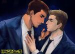  2boys black_necktie blonde_hair blue_jacket brown_hair chris_redfield collared_shirt commentary english_commentary hand_on_another's_chest hand_on_another's_neck highres jacket looking_at_another male_focus matching_outfits multiple_boys necktie nudlasior piers_nivans resident_evil resident_evil_6 shirt sideburns upper_body white_shirt yaoi 