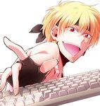  blonde_hair earrings fate/zero fate_(series) fingerless_gloves gilgamesh gloves gucce222 headband jewelry keyboard_(computer) male_focus red_eyes sensha_otoko solo 