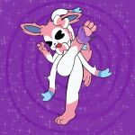 3_toes anthro eeveelution eyebrows feet foot_fetish foot_focus fur generation_6_pokemon hi_res male nintendo on_one_leg pink_body pink_fur pokemon pokemon_(species) raised_eyebrow ribbons simple_background smug_face solo sparkles standing standing_on_toes sylveon ticklebunny tickling tickling_feet toes