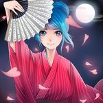  alternate_hairstyle blue_eyes blue_hair fan folding_fan full_moon hatsune_miku holding japanese_clothes looking_at_viewer moon nail_polish noboes petals smile solo vocaloid wind 