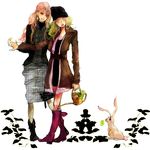  beanie blonde_hair bunny clover coat earrings final_fantasy final_fantasy_iv four-leaf_clover green_hair hat jacket jewelry multiple_girls older pencil_skirt pink_hair rosa_farrell rydia skirt smile suimin walking watering_can 