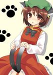  absurdres animal_ears brown_eyes brown_hair cat_ears cat_tail chen doriruman earrings hat highres jewelry multiple_tails paw_print short_hair solo tail touhou 