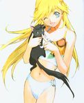  ;p bikini bikini_bottom blonde_hair blue_eyes cat cleo_everlastin highres kusaka_yuuya leki long_hair majutsushi_orphen midriff one_eye_closed scan swimsuit tank_top tongue tongue_out 