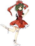  bow dress flats front_ponytail full_body green_eyes green_hair hair_bow kagiyama_hina leg_up looking_at_viewer puffy_short_sleeves puffy_sleeves red_bow red_dress shoes short_hair short_sleeves simple_background solo standing standing_on_one_leg thigh_strap touhou umi_(umi02) white_background 