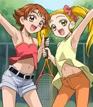  :d bare_shoulders blonde_hair brown_hair denim denim_shorts eyelashes flipped_hair haruyama_kazunori kasugano_urara_(yes!_precure_5) long_hair multiple_girls natsuki_rin navel open_fly open_mouth precure racket short_hair shorts smile tennis_racket twintails unzipped yes!_precure_5 