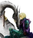  armor blonde_hair cain_highwind closed_eyes dragon dragoon dragoon_(final_fantasy) final_fantasy final_fantasy_iv hug male_focus scarf sitting smile solo suimin white_background 