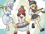  :o blonde_hair blue_eyes bow_(instrument) brown_eyes brown_hair hat instrument keyboard_(instrument) lavender_hair lunasa_prismriver lyrica_prismriver mary_janes merlin_prismriver multiple_girls no_socks outstretched_arms outstretched_hand platform_footwear shoes siblings sisters touhou trumpet violin wapokichi yellow_eyes 