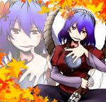  alcohol blush bottle brooch brown_eyes drunk gem hair_ornament indian_style jewelry leaf_hair_ornament long_sleeves looking_at_viewer non-web_source purple_hair sitting solo spread_legs touhou yasaka_kanako zoom_layer 