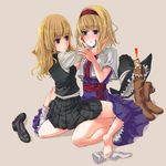  2girls adapted_costume alice_margatroid barefoot blonde_hair boots feet hug kirisame_marisa multiple_girls shanghai_doll shoes sock_pull touhou unasaka_ryou yuri 