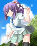  alternate_costume hair_ornament hiraga_matsuri leaf_hair_ornament necktie purple_eyes purple_hair school_uniform serafuku skirt solo thighhighs touhou yasaka_kanako zettai_ryouiki 